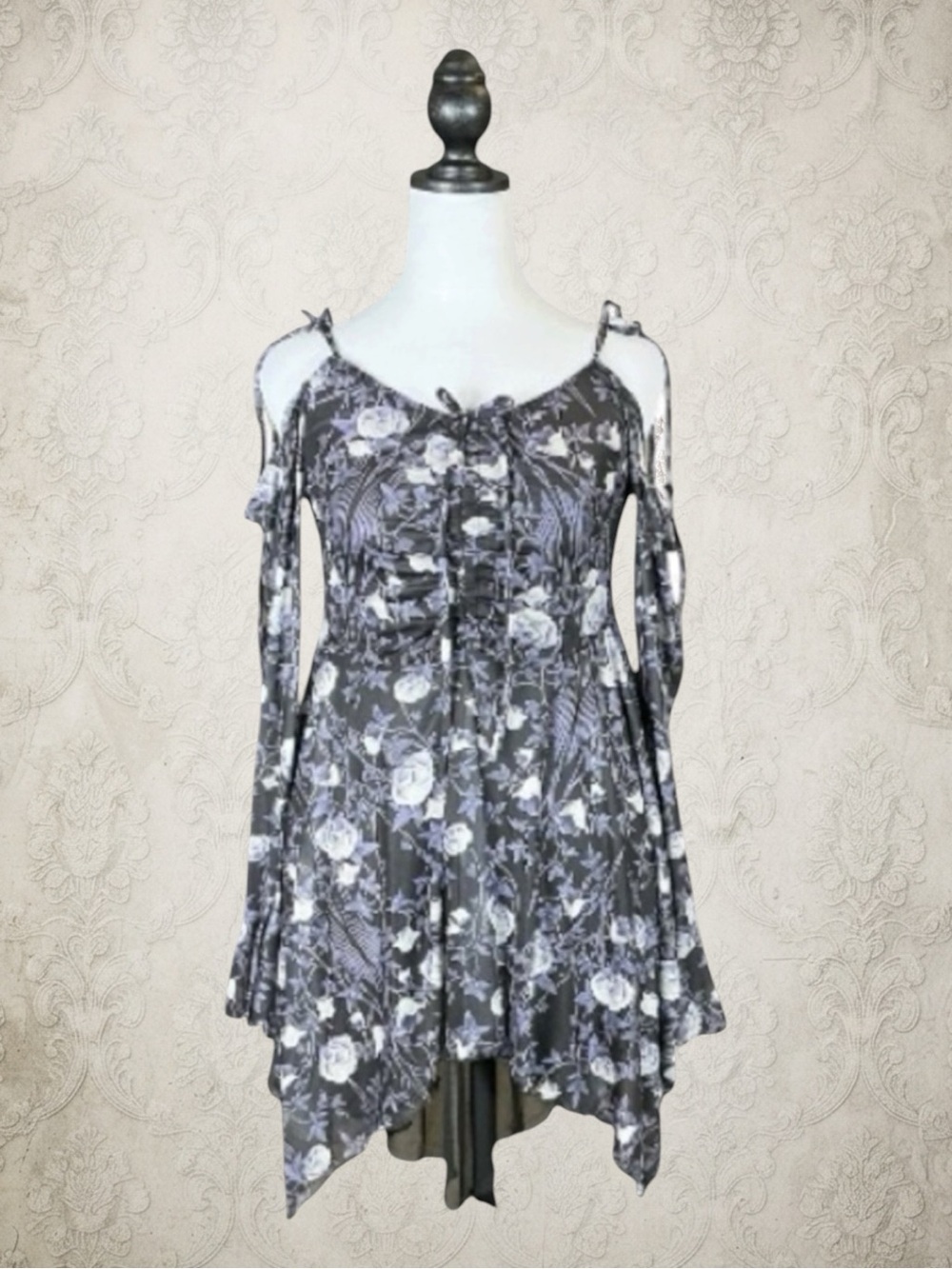 Dolls Kill Widow NWT Black Blue Floral Mesh Cold Shoulder Asymmetric Dress L